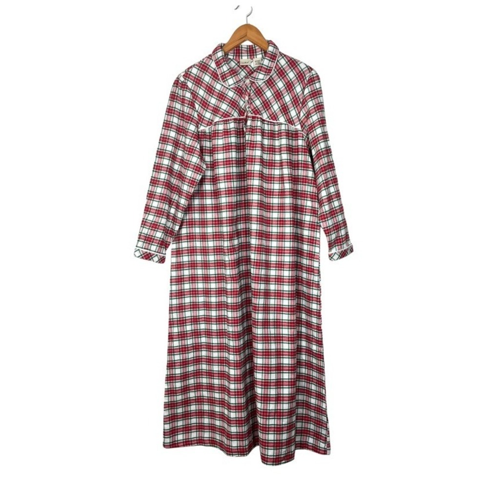 LL Bean Womens Petite Large Red Green Plaid Flannel Nightgown Sleep Dress Cotton